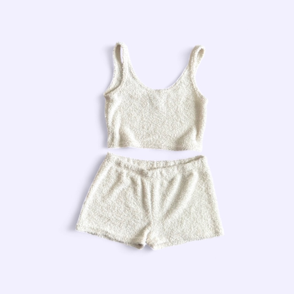 Better Together Cream Fuzzy Cropped Tank Shorts Lounge Set Cozy